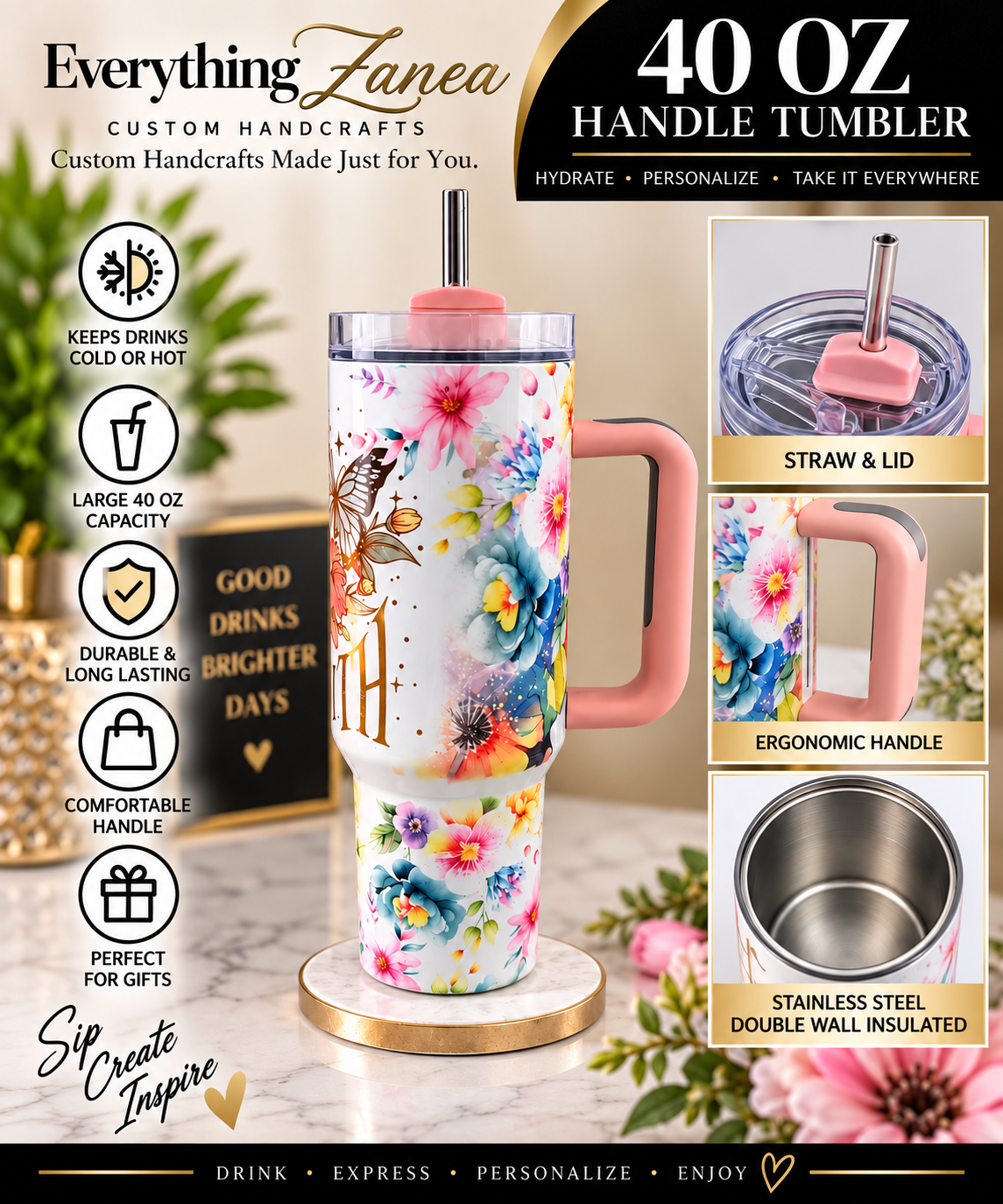 Personalized 40 oz Tumbler with Handle